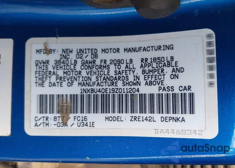 2009 Toyota Corolla Xle from USA, damaged, VIN 1NXBU40E19Z011204